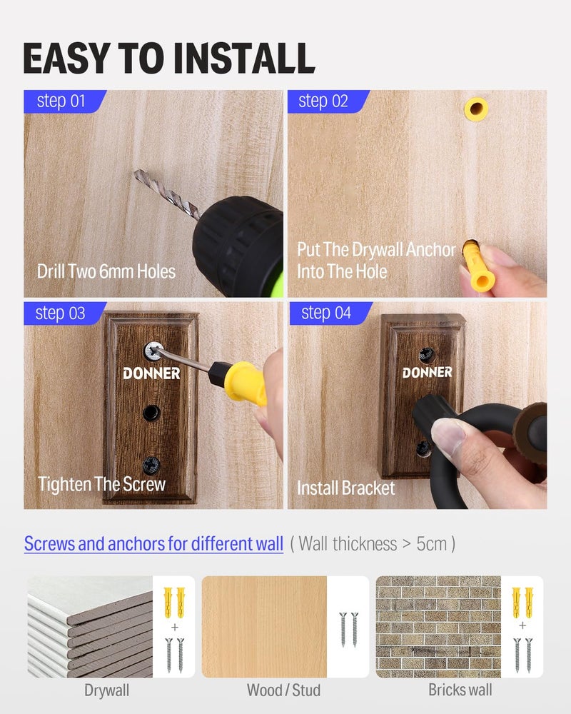 Donner حامل جدار الجيتار دونر 3 عبوات، حامل جدار الجيتار من الجوز الأسود للجيتارات الصوتية والكهربائية، الباس، اليوكليلي الشعبي، الكمان، الماندولين، البانجو وآلات الوتر - Image 5